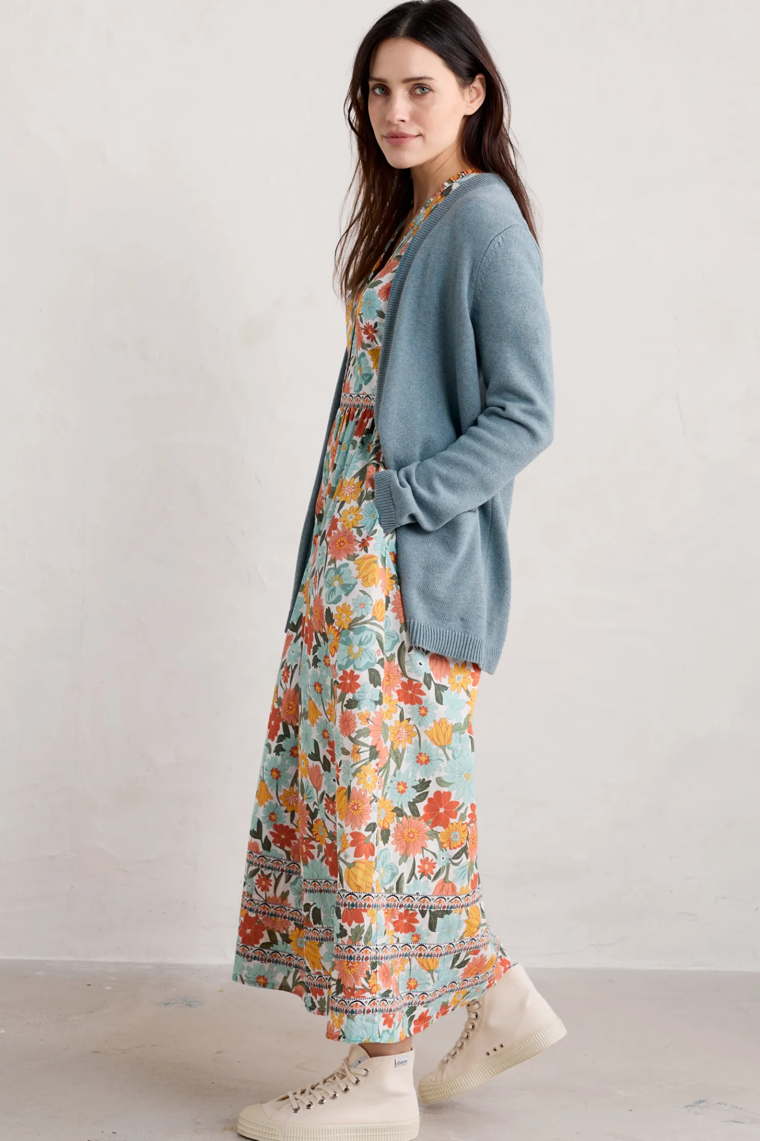 Blue Hills Border V-Neck Floral Dress