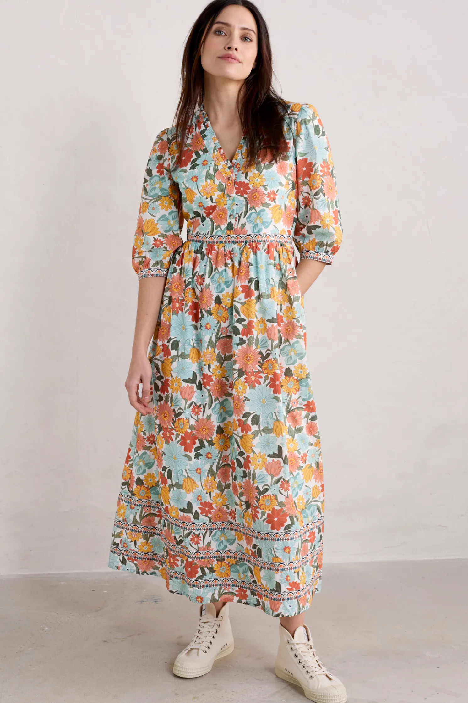 Blue Hills Border V-Neck Floral Dress