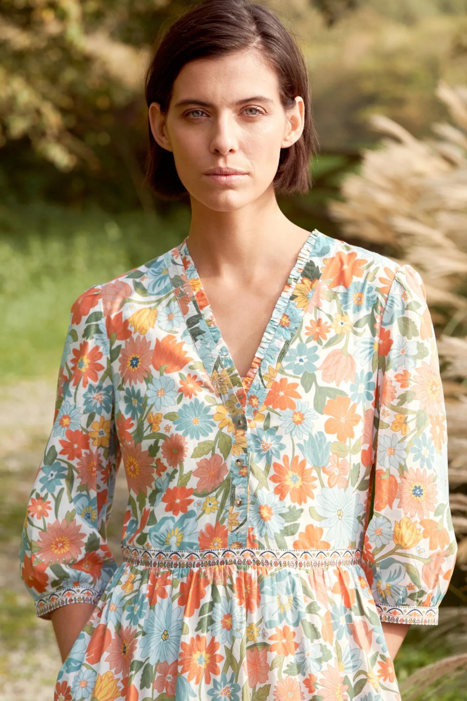 Blue Hills Border V-Neck Floral Dress