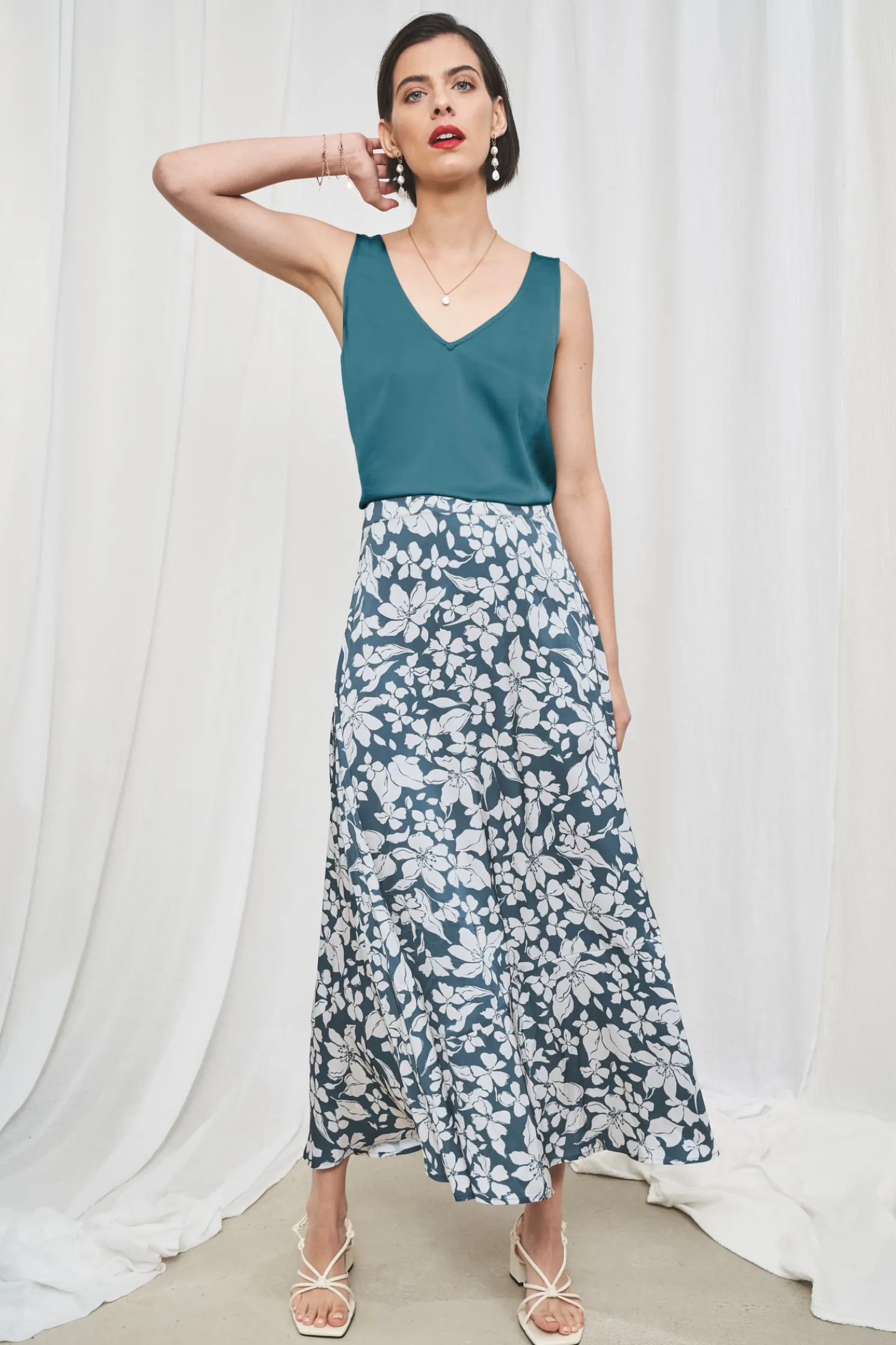 Temple Printed Satin Midi Skirt